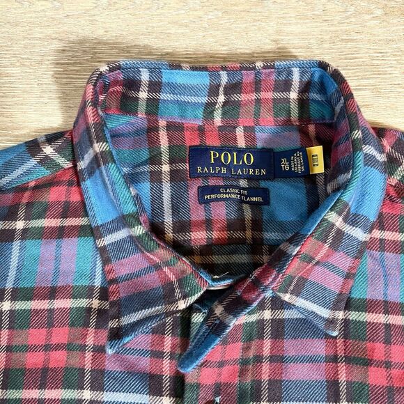 Polo Ralph Lauren Blue Red Performance Flannel Double Button Shirts Men's XL - Picture 5 of 12